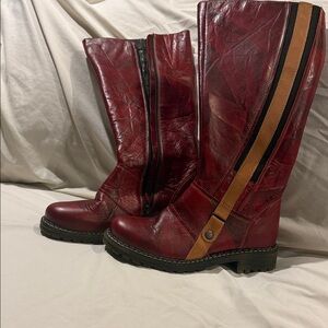 Stylish Red and Tan Heeled Boots